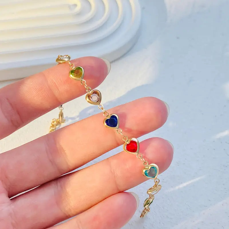 A Stylish Colorful Sparkling Zirconia Heart Bracelet Exquisitely Handmade Beaded Bracelet For Ladies And Girls, Suitable For Daily Parties