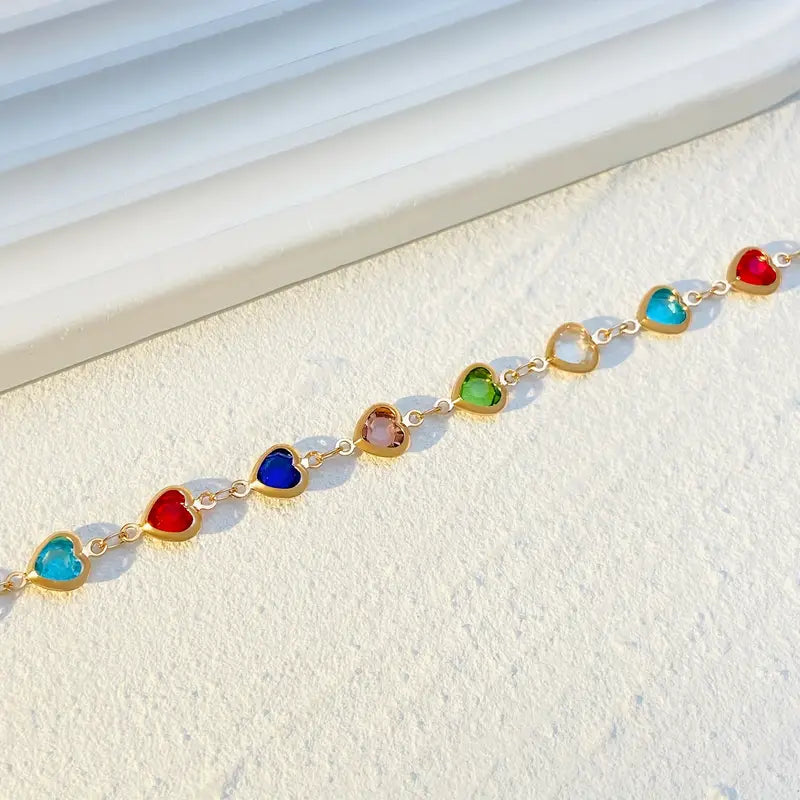 A Stylish Colorful Sparkling Zirconia Heart Bracelet Exquisitely Handmade Beaded Bracelet For Ladies And Girls, Suitable For Daily Parties
