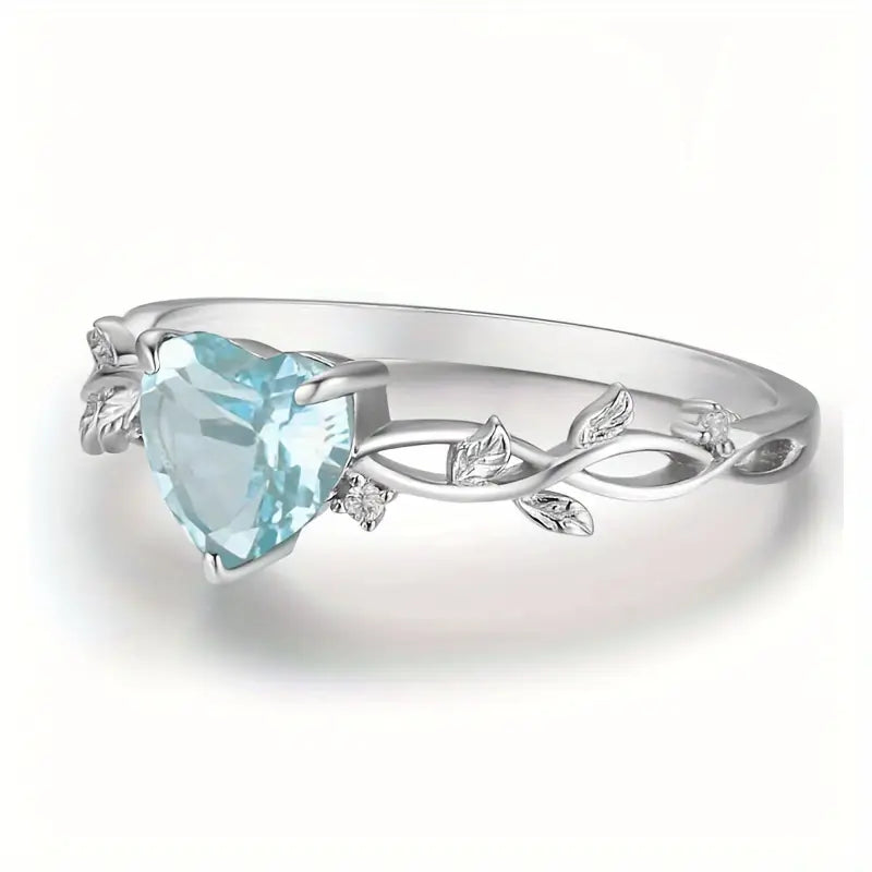 Elegant Blue Zirconia Heart-Shaped Leaf Ring