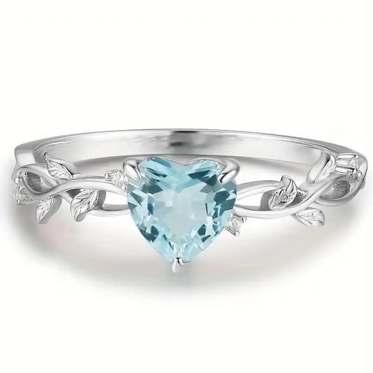 Elegant Blue Zirconia Heart-Shaped Leaf Ring